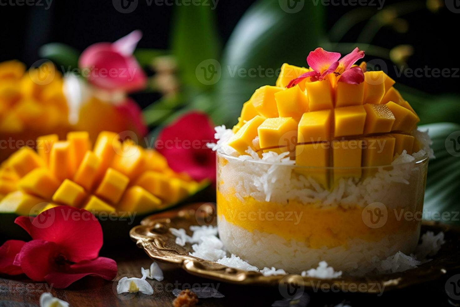 Mango sticky rice, coconut milk, ice cream and macarons on a black plate Popular Thai desserts in summer. generative ai. photo
