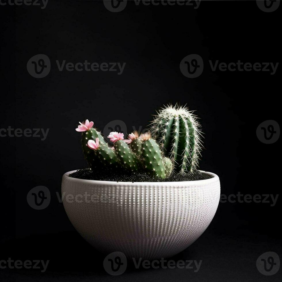 Cactus in a plant pot against a dark black background. generative ai. photo