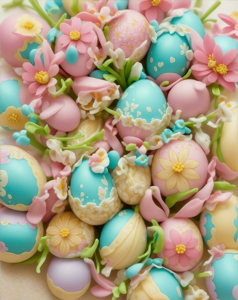 ai generado. ai generativo - abrazando el caprichoso belleza de decorado huevos y floreciente primavera flores con un macro lente foto