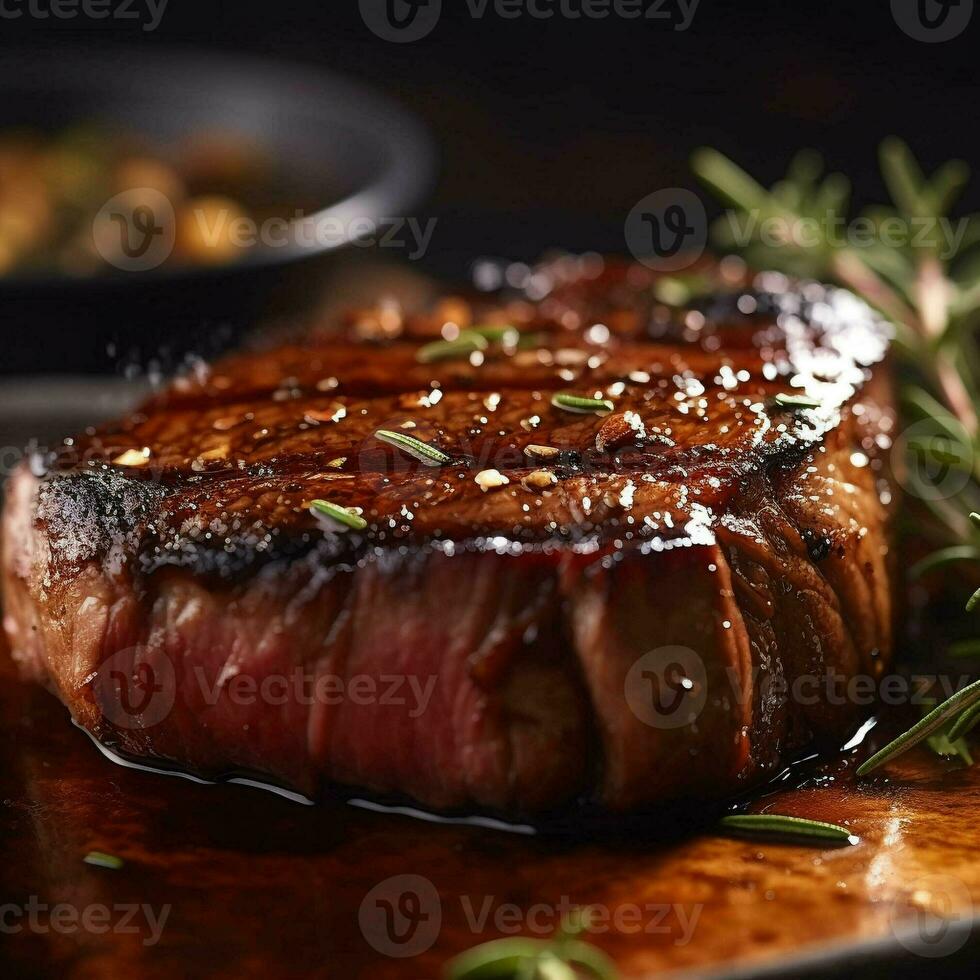 A steak on a cutting board with herbs and spices. generative ai. photo