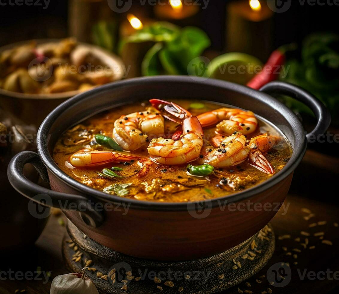 Tom Yam Kung ,Prawn and lemon soup with mushrooms, thai food in bowl. Generative Ai. photo