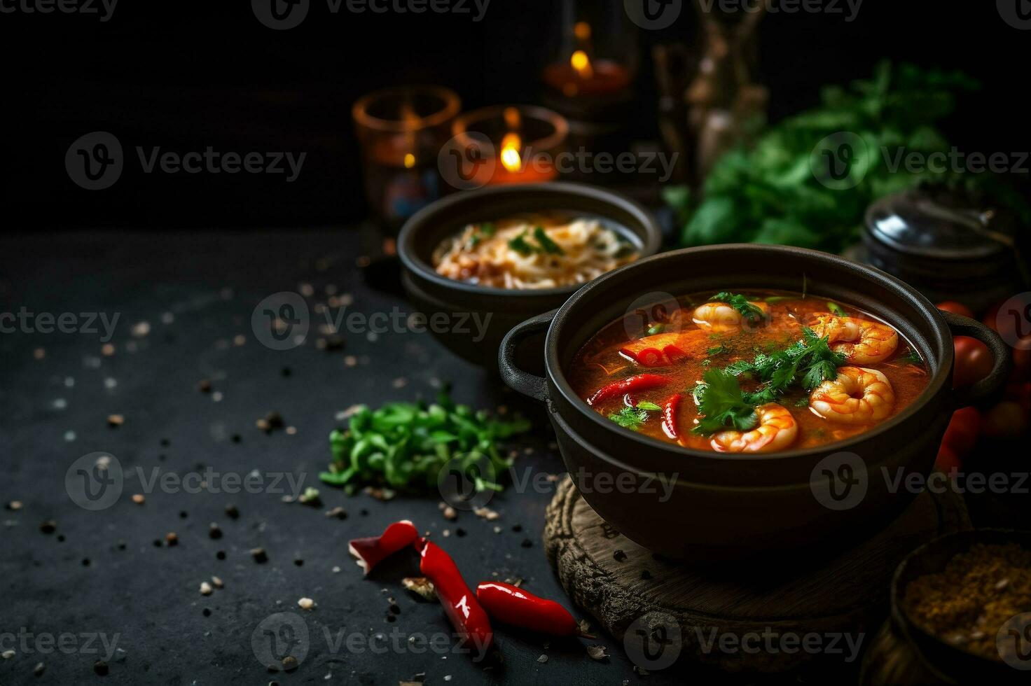 Tom Yam Kung ,Prawn and lemon soup with mushrooms, thai food in bowl. Generative Ai. photo