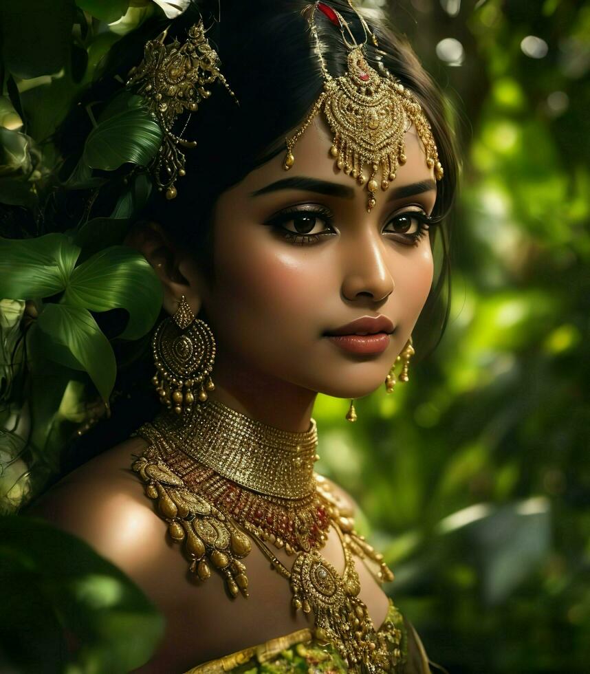 AI Generated. AI Generative - Jungle Bride's Allure - Bridal Beauty Amidst Enchanted Foliage photo