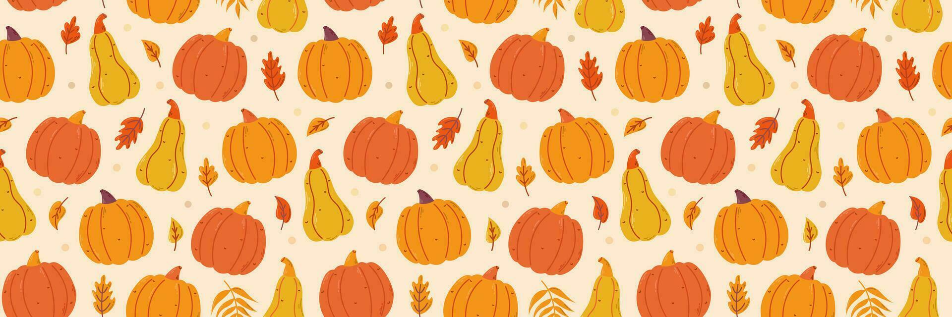 Autumn seamless pattern, falling leaves and pumpkins. Vector hand drawn illustration