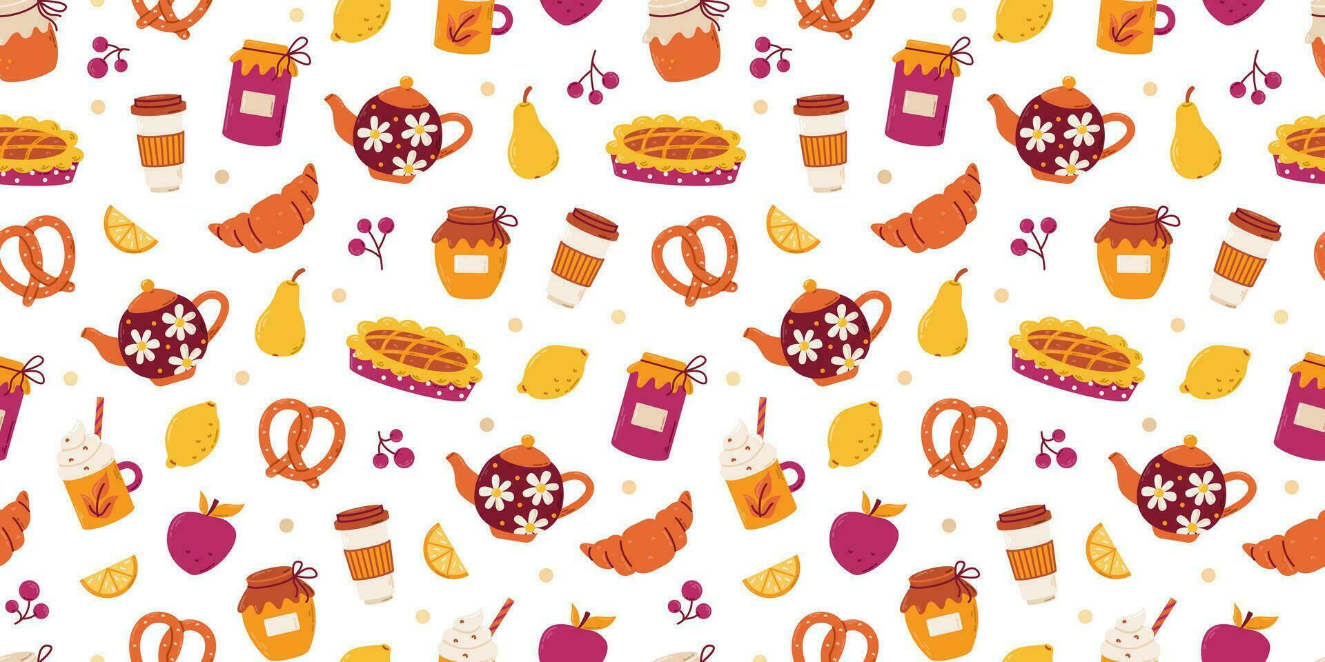 Seamless breakfast pattern with pie, jam, lemon. Tea party, home comfort with coffee and sweets. Vector background