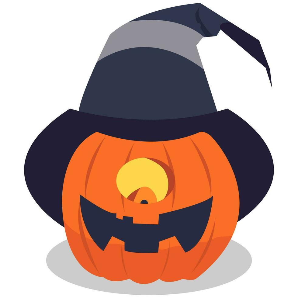 de miedo Víspera de Todos los Santos calabaza vistiendo un bruja sombrero en blanco fondo, contento Víspera de Todos los Santos decoración elemento, vector ilustración