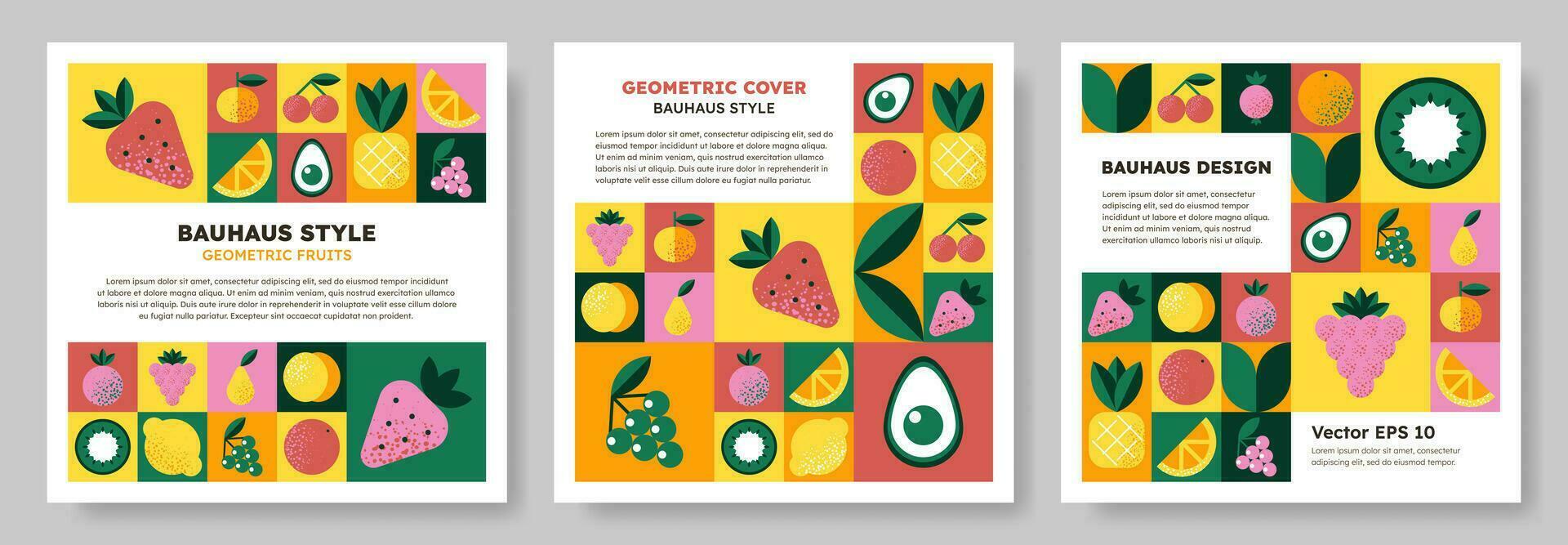 Set of Abstract geometric pattern background in Bauhaus style with various fruits and berries. Colorful vector design template for cover, poster, brochure, banner, menu. Retro illustration.