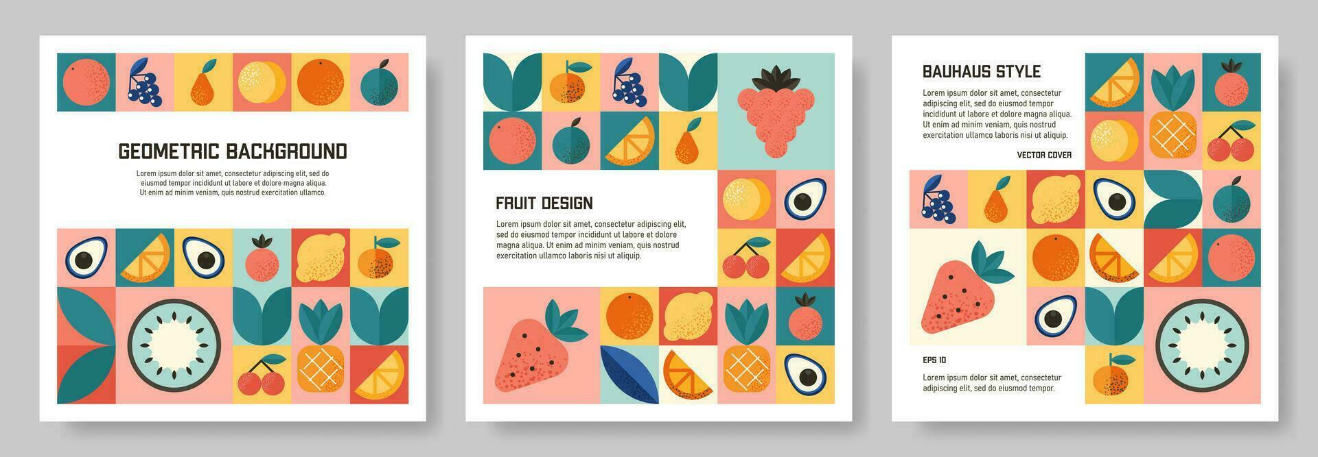 Set of Abstract geometric pattern background in Bauhaus style with various fruits and berries. Colorful vector design template for cover, poster, brochure, banner, menu. Retro illustration.