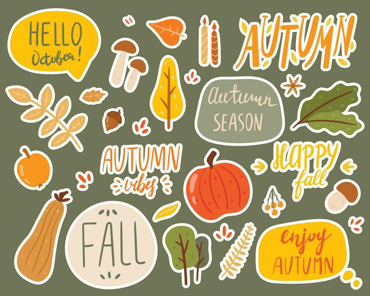 Vector illustration of a doodle set of stickers on the theme of autumn. Inscriptions and objects of nature. Fall decorations.