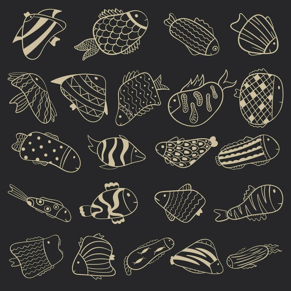 Vector doodle illustration. Cartoon fish of different shapes, with patterns. Background decoration, stickers, black and gold palette.