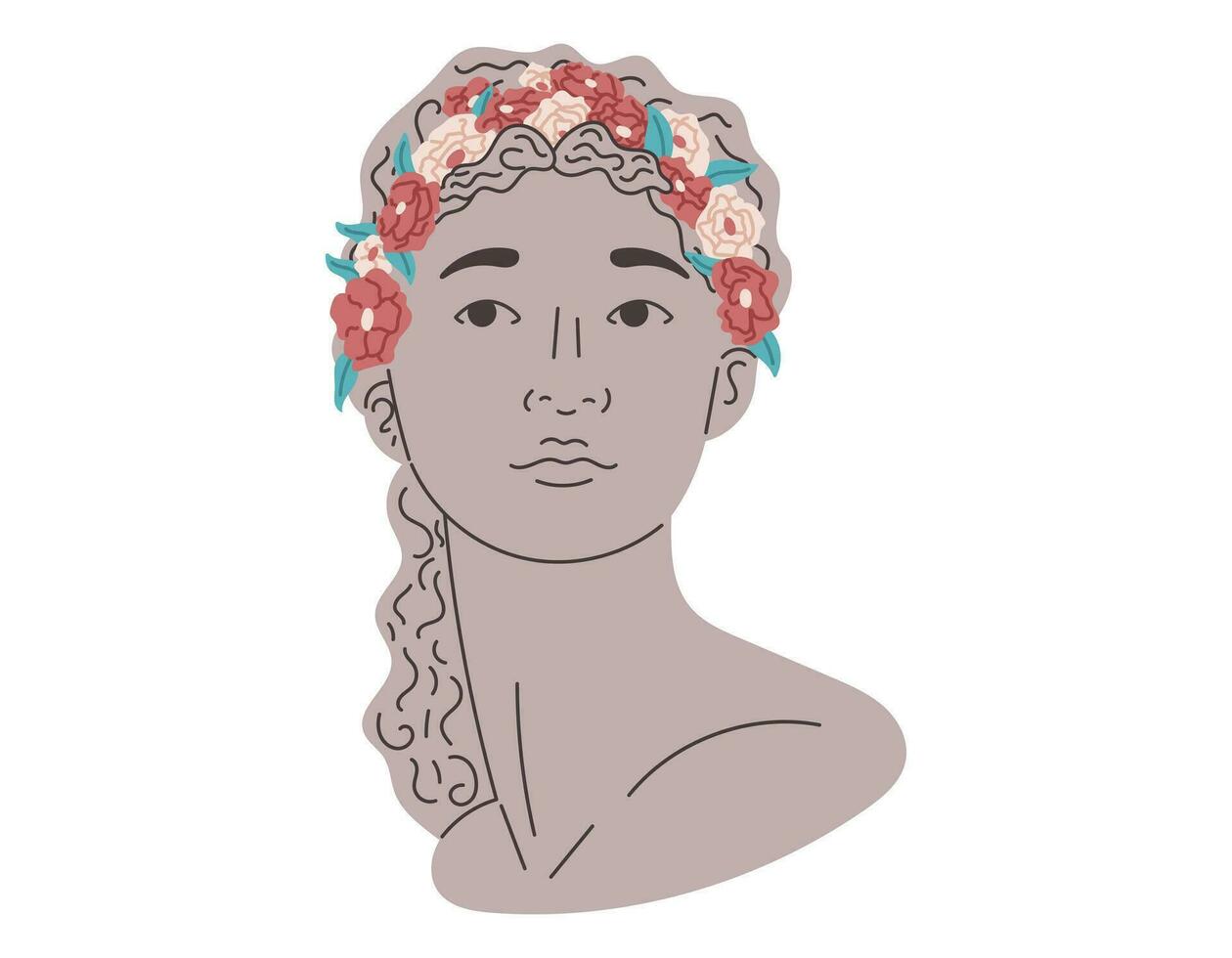 Female mythical goddess, antique flat head. Gypsum stone Greek woman statue with flower headband. Vector isolated cartoon illustration.