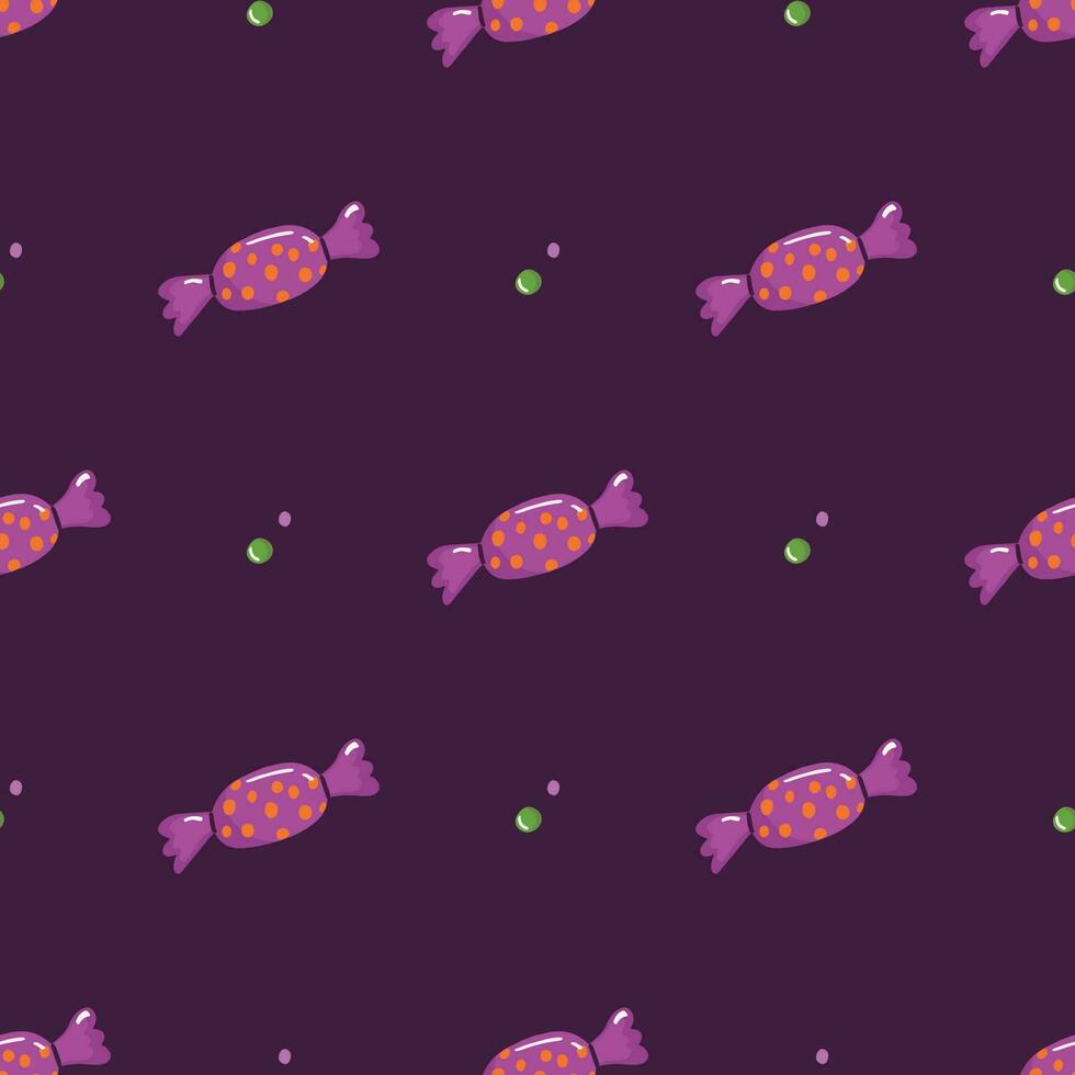 Simple seamless pattern with candy on dark background. Halloween concept. Hand drawn vector illustration for cover, stationary, wallpaper, prints, wrapping, textile