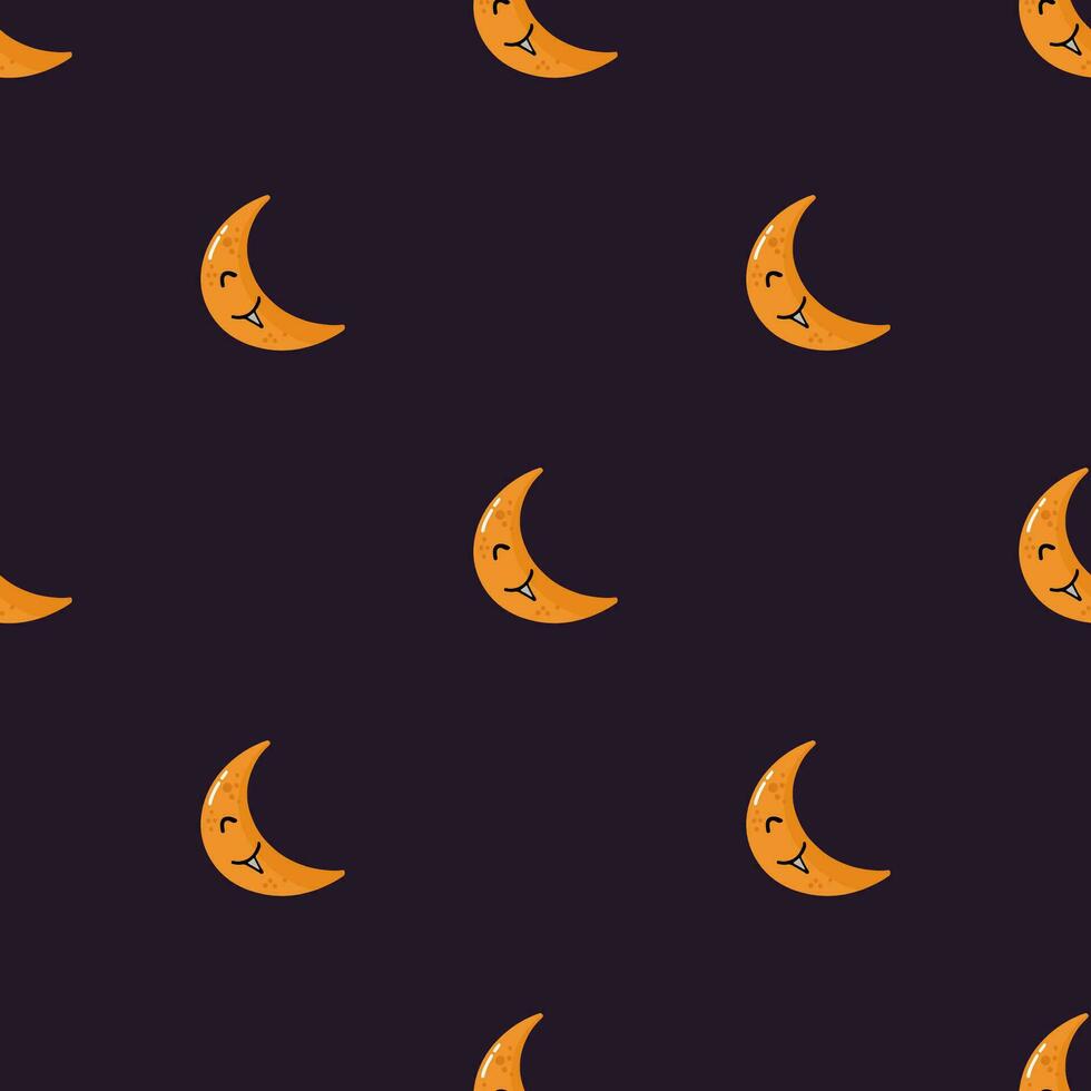 Simple seamless pattern yellow crescent on dark background. Halloween concept. Hand drawn vector illustration for cover, stationary, wallpaper, prints, wrapping, textile
