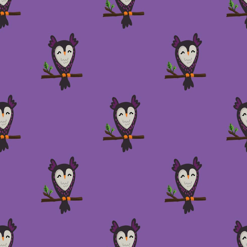 Simple seamless pattern with cute owl on the branch. Halloween trendy concept. Hand drawn vector illustration for cover, stationary, wallpaper, prints, wrapping, textile