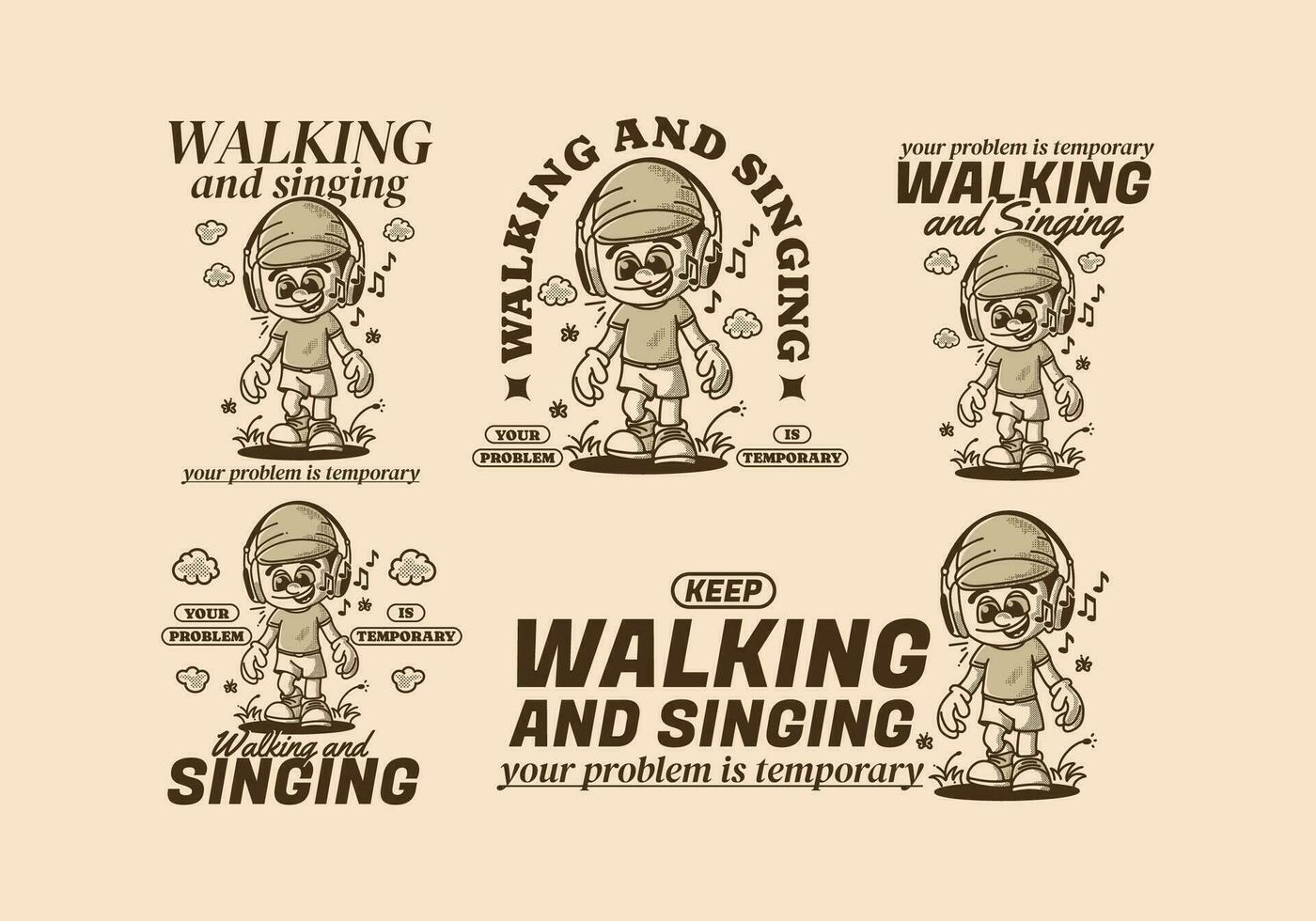 Singing and walking, a boy character wearing big headphone walking alone vector