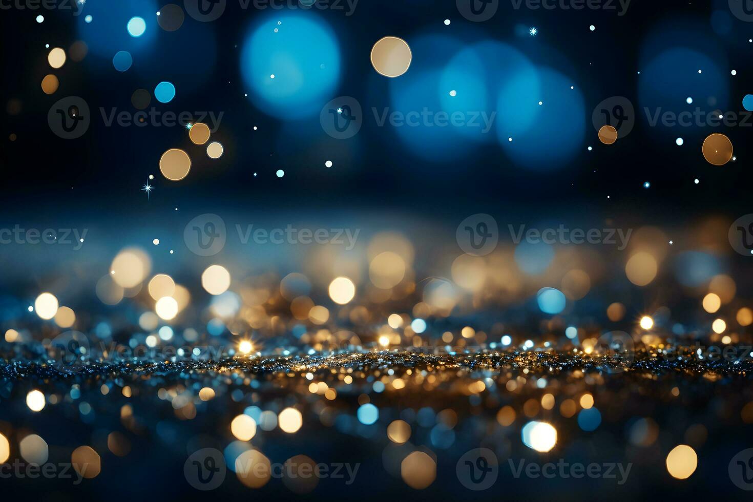 Golden Shiny glitter lights abstract luxury blurry blue bokeh circles on black background, defocused. Generative Ai photo