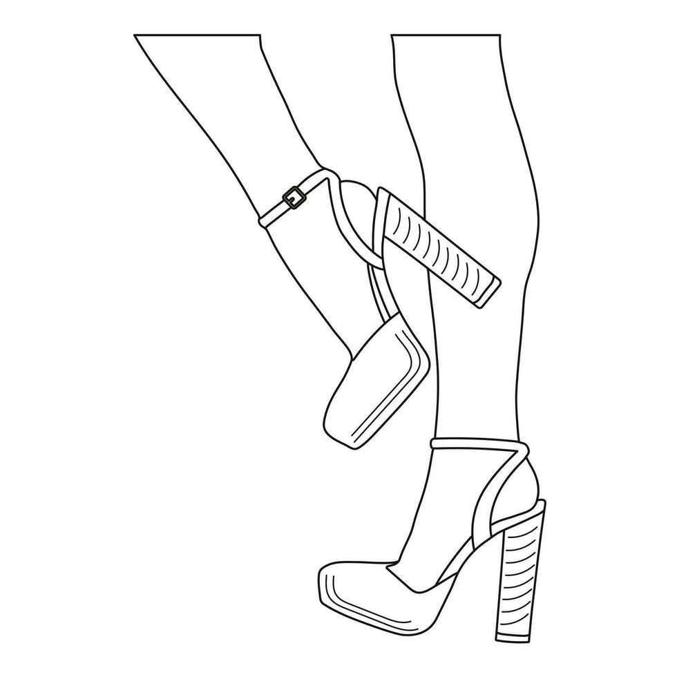 Drawing sketch outline silhouette of female legs in a pose. Shoes stilettos, high heels vector