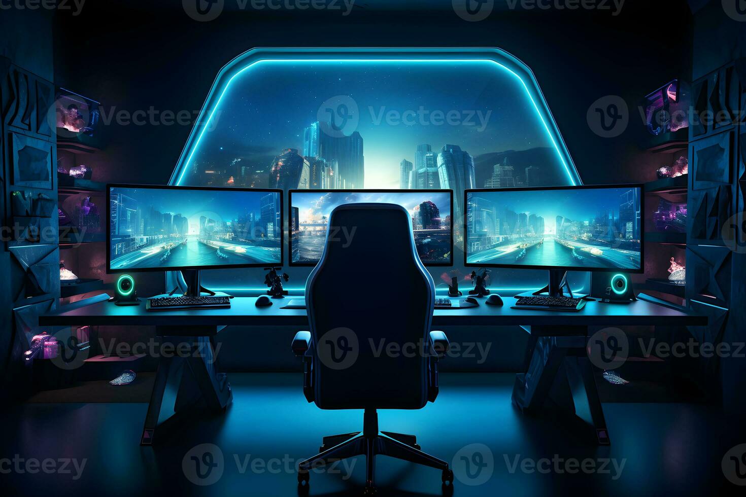 Gamer, programmer, hacker or trader room with multiple computer monitors on desk gaming setup for playing online and live streaming. Shooters, cyber sport, e-sport concept. Generative Ai photo