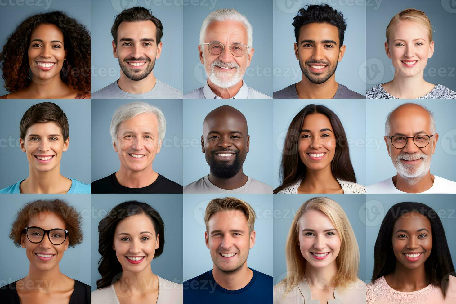 Collage of portraits and faces of smiling multiracial group of various diverse people for profile picture on grey background. Diversity concept. Generative Ai. photo