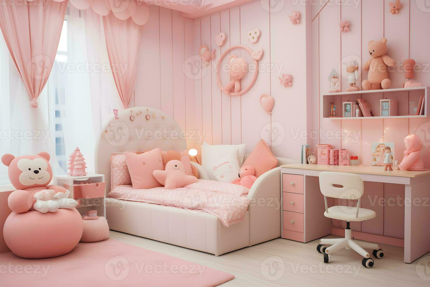 Interior of pastel kid bedroom in pink tone with comfortable bed, wardrobe, desk and many doll. Generative Ai photo