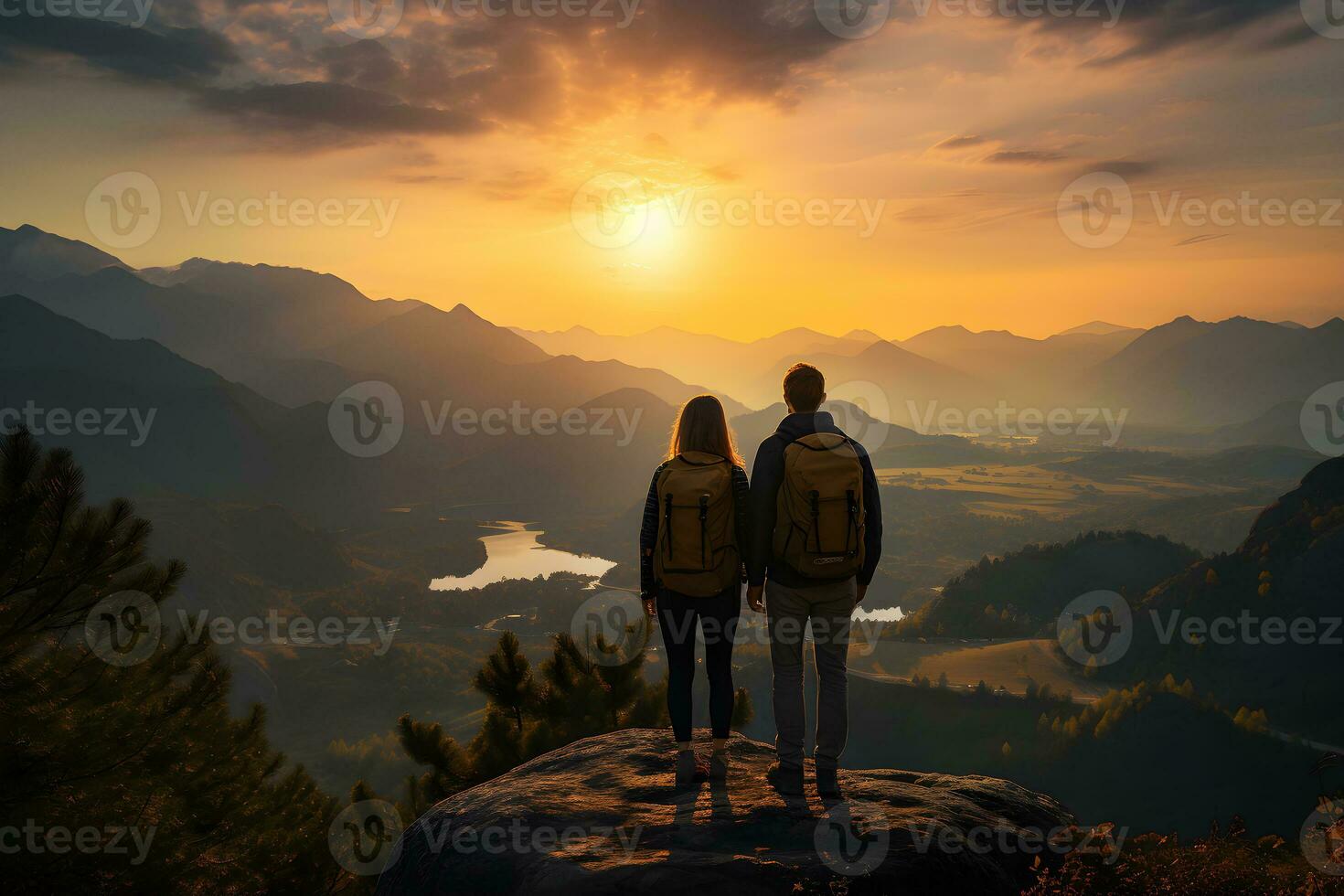 Rear view of traveler couple stand on mountain looking on beautiful view  and sunbeams at colorful sunset. Copy space. Generative Ai photo