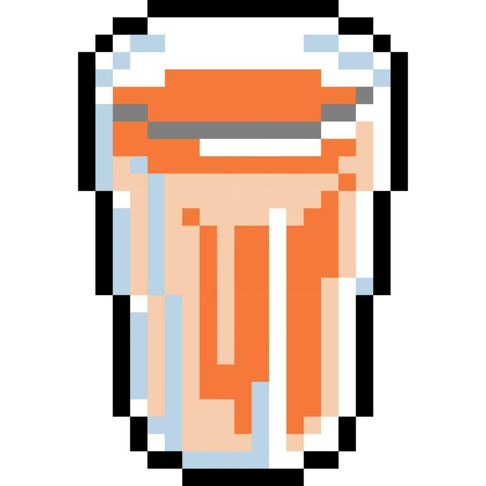 A cartoon icon of orange juice inside a glass in pixel style. vector