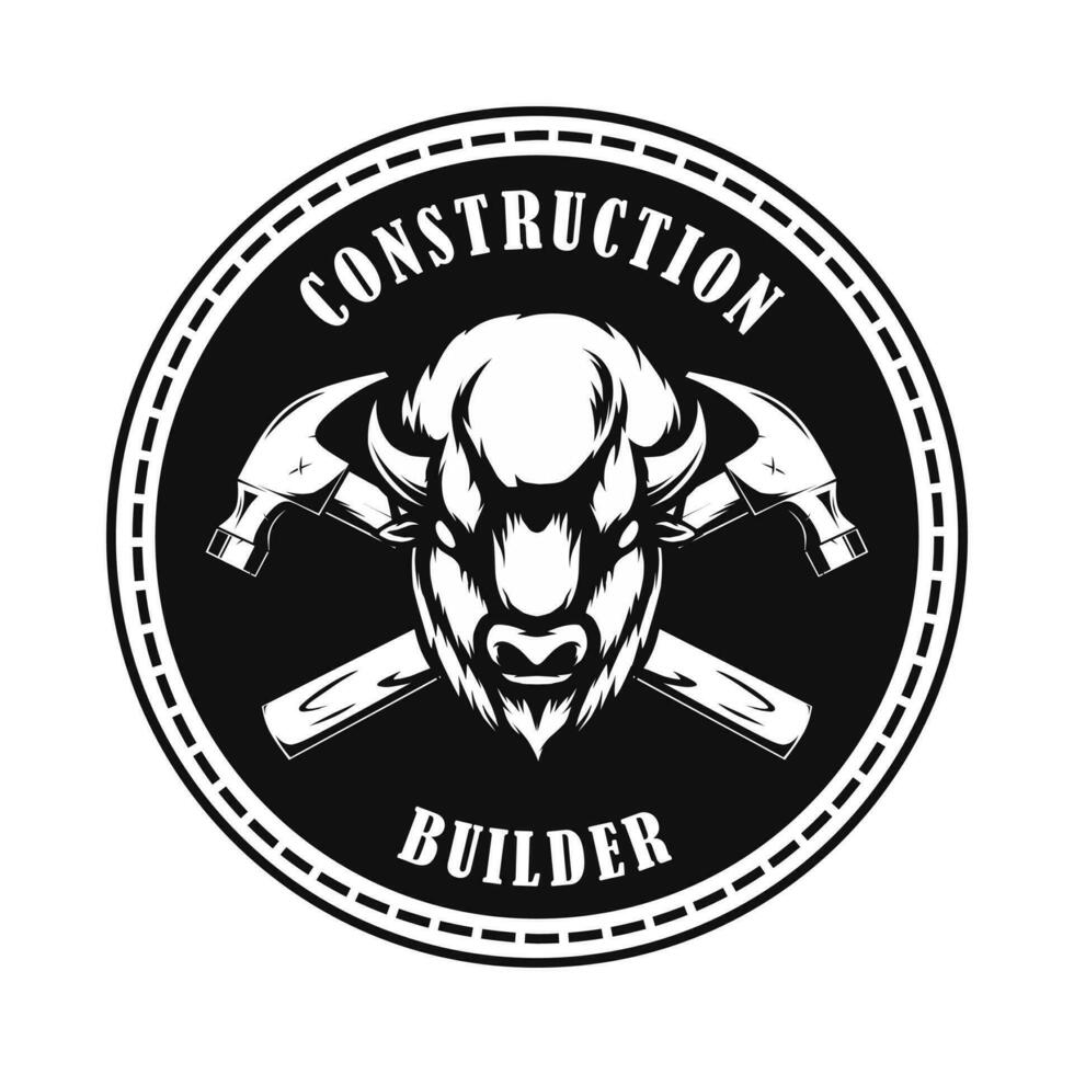 construction builder logo design with bison head vector