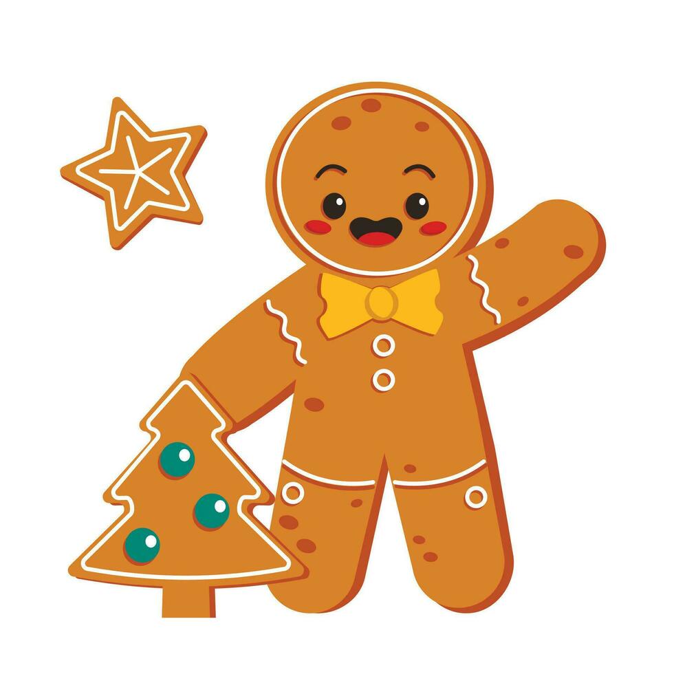 Cute gingerbread character with Christmas tree. Merry Christmas. Vector graphic.