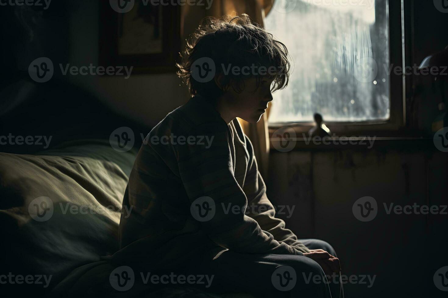 Sad child suffering from depression sitting alone in bedroom feeling loneliness. Scared fearful boy sitting on bed by the window at home. Generative Ai photo