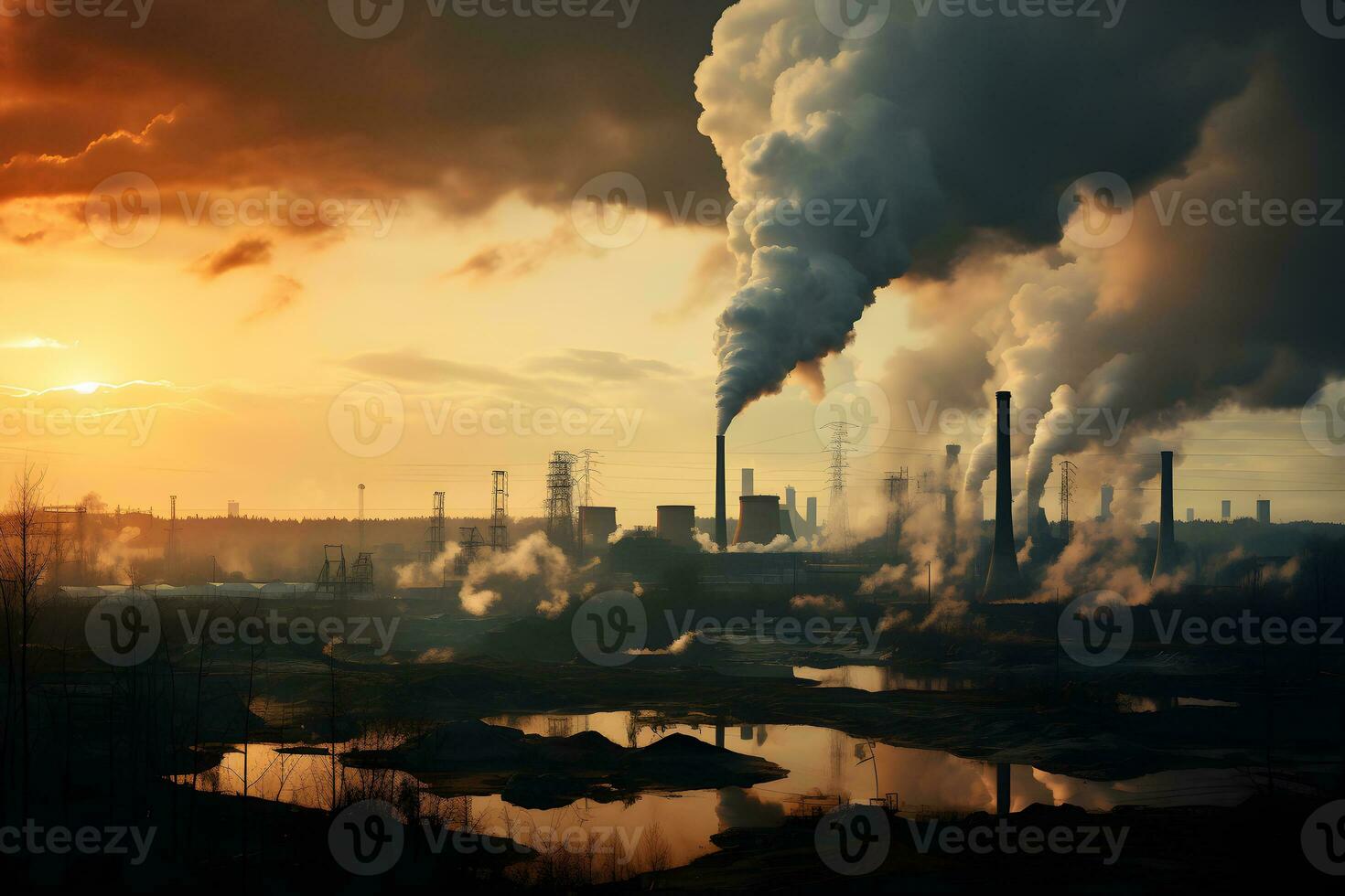 Toxic smoke from industrial factories floating in the air. Causing pollution, destroying the environment and the health of the population of large cities. Generative Ai, illustration photo