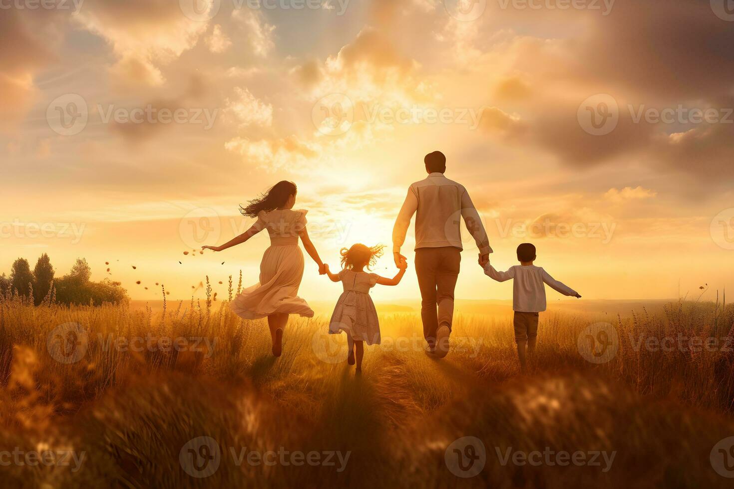 posterior ver de contento familia padre, madre, hija y hijo disfrutando hermosa paisaje y corriendo en un campo a puesta de sol. generativo ai, ilustración foto