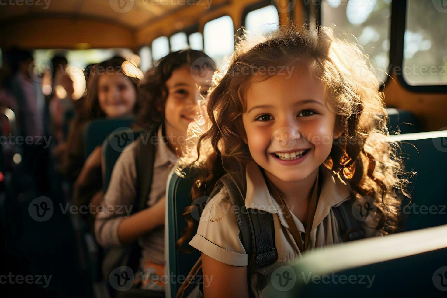 Group of adorable schoolchildren sitting on school bus going to school. Generative Ai photo