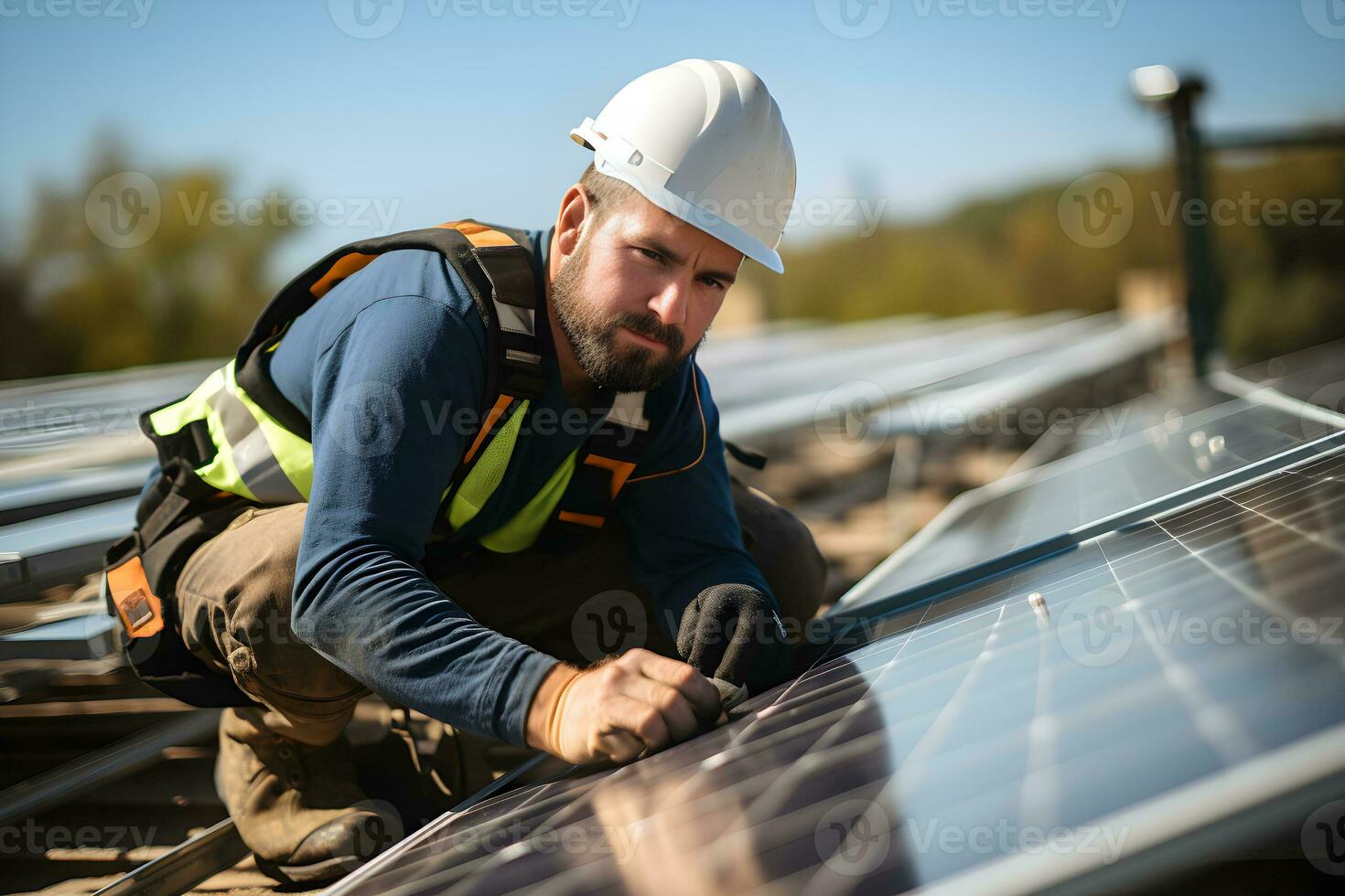 Service Engineer working inspection installation solar panel on the roof. Technician maintenance solar cell on roof factory or home. Technology solar energy renewable, sustainable life. Generative Ai photo