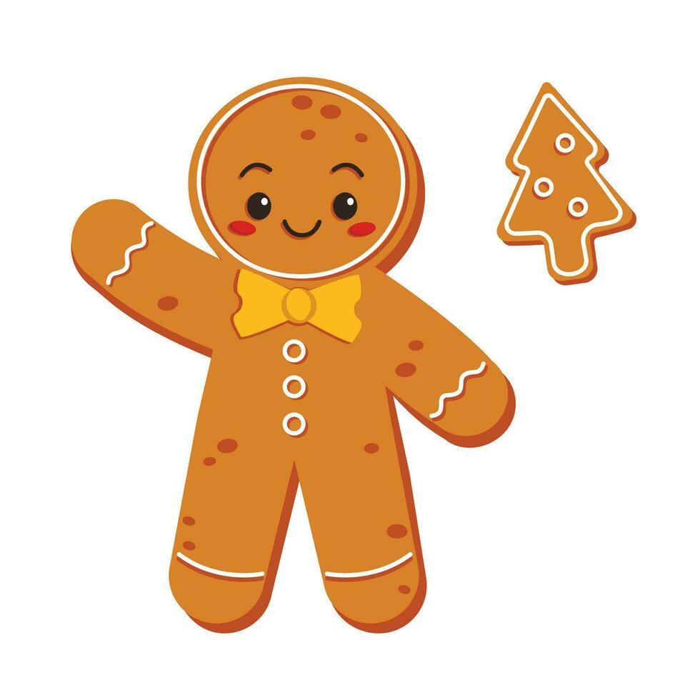 Cute gingerbread character waving his hand. Greeting. Merry Christmas. Vector graphic.