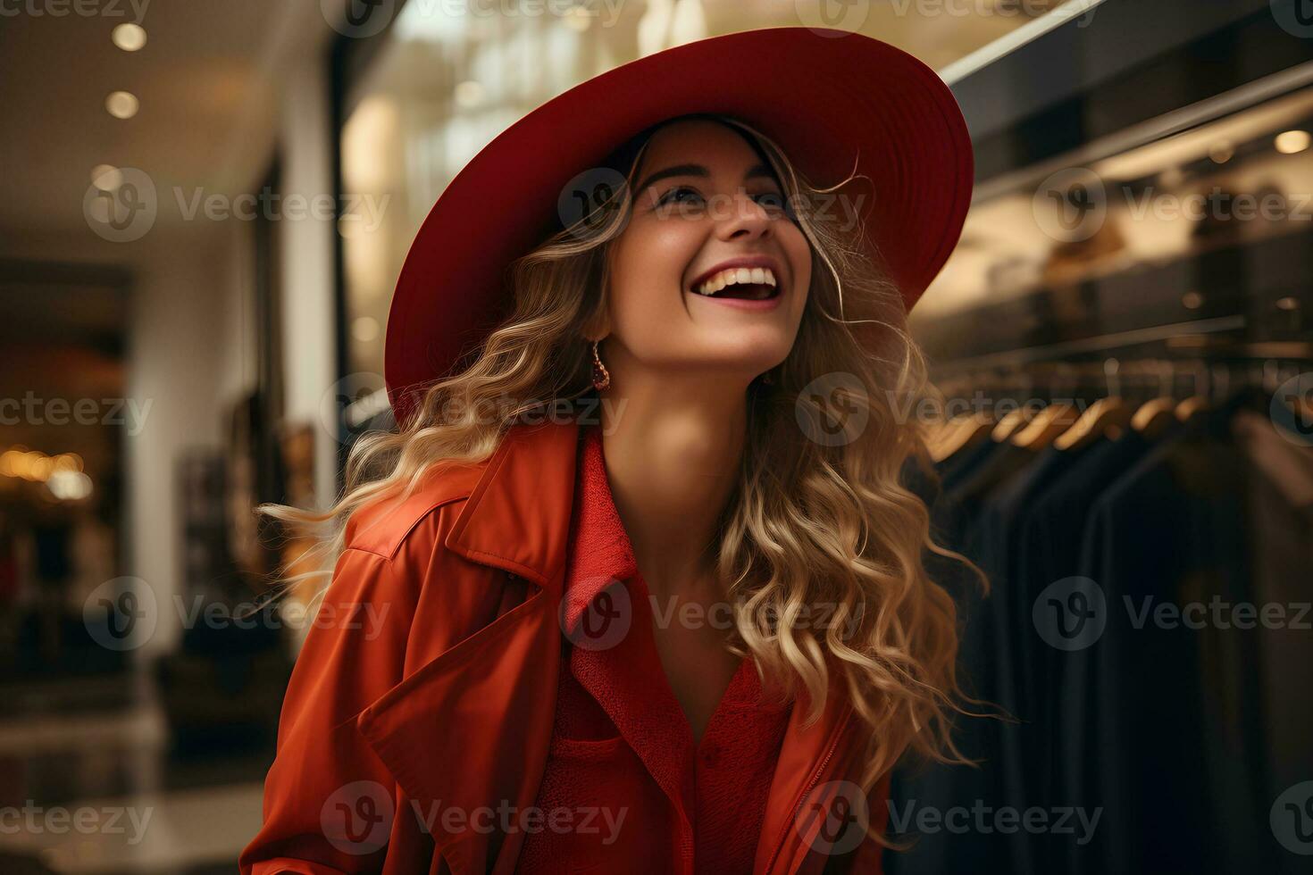 Happy fashionable Caucasian woman enjoy shopping in department store. Consumerism, purchases, shopping, lifestyle, sale concept. Closeup, illustration. Generative Ai photo
