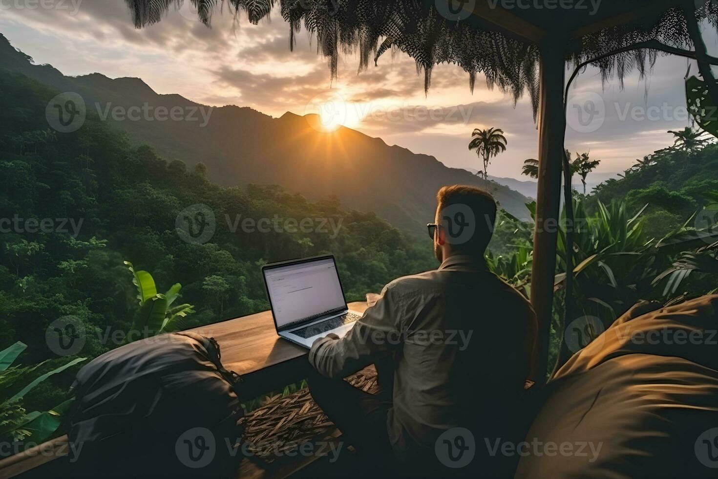 Rear view of man freelancer doing remote teleworking via computer app at sunset or sunrise in cafe during vacations. Work from anywhere, technology and lifestyle concept. Generative Ai, illustration photo