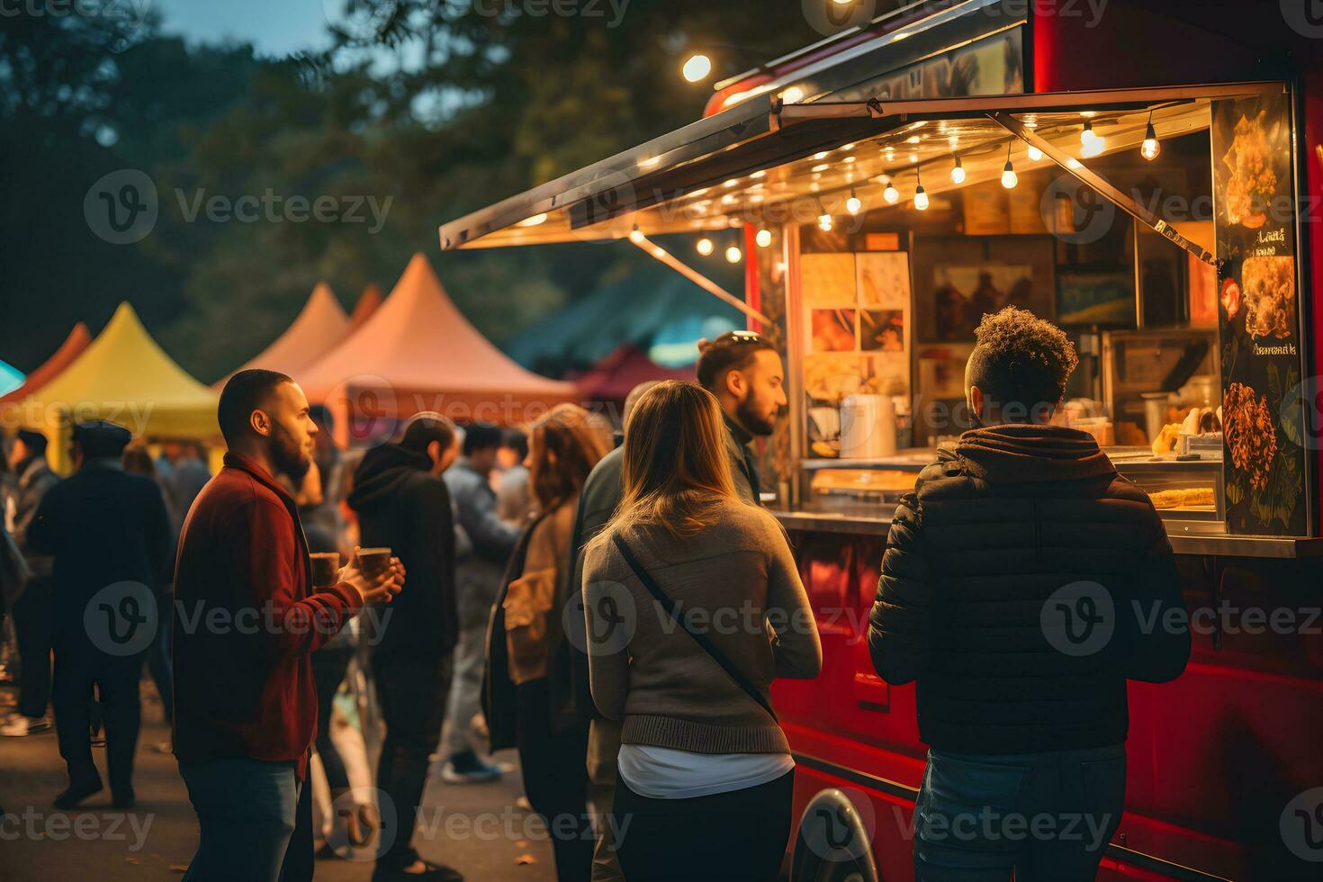 People stand in line to buy meals from a food truck, walking, buying and eating at outdoor street food night market. Illustration, generative Ai, illustration photo