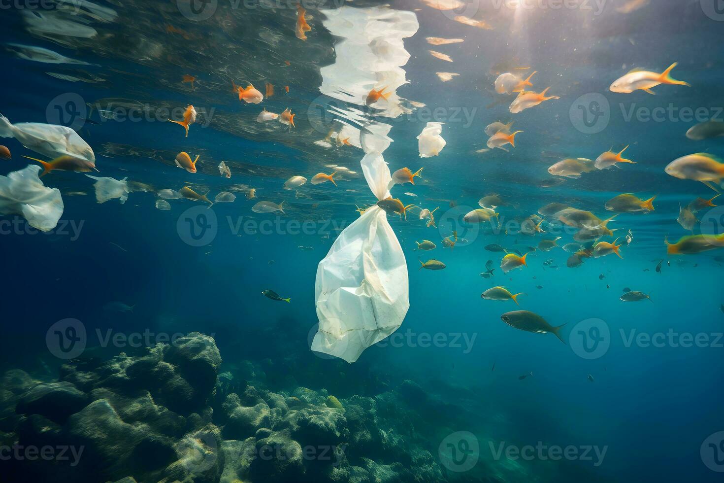 Fish eating plastic bag. Plastic pollution in ocean, water environmental problem, garbage sea. Illustration, generative Ai photo