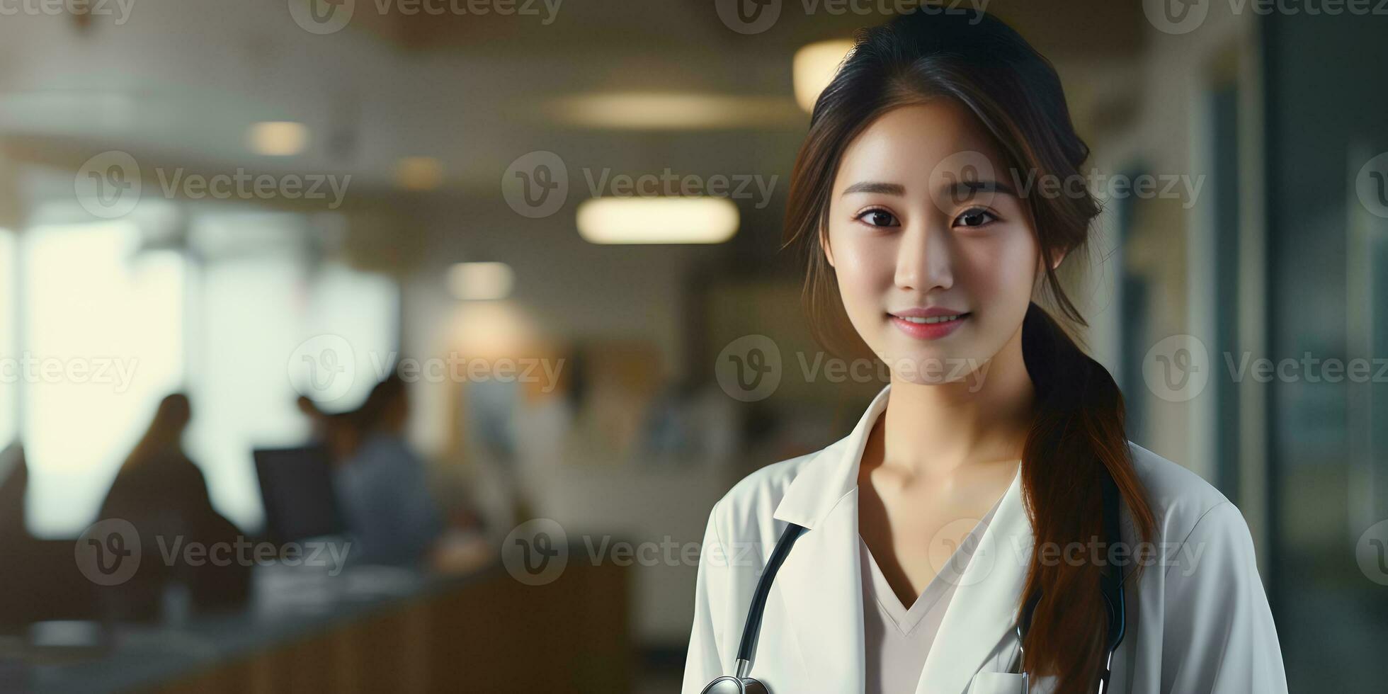 Portrait of Asian beautiful woman doctor in white medical gown with stethoscope. Medical student, female hospital worker looking at camera and smiling. Generative Ai photo
