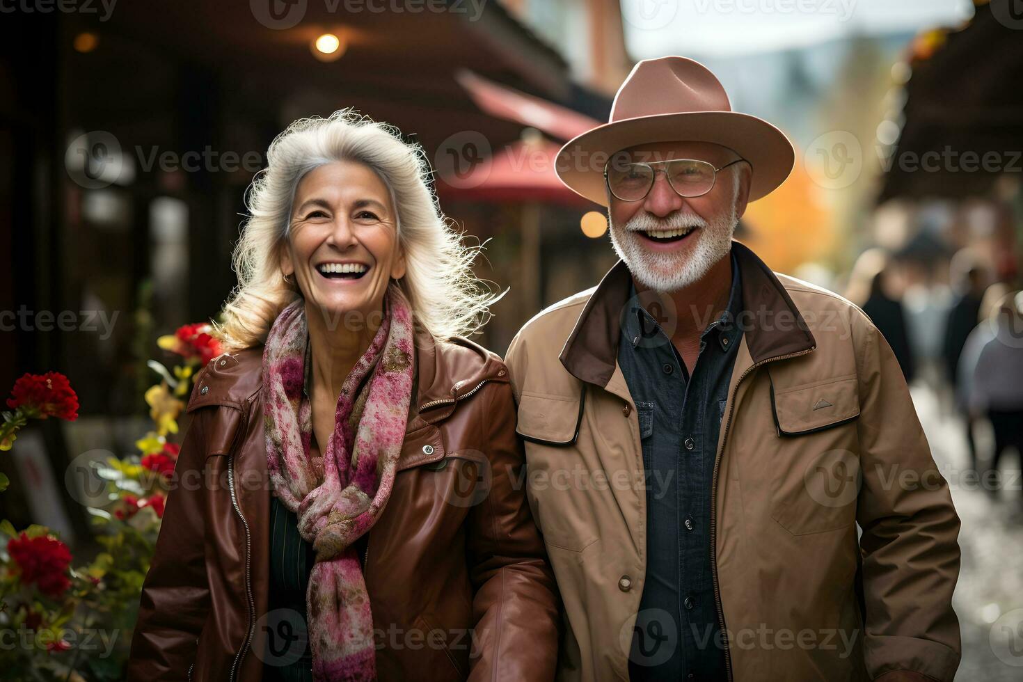 Senior couple enjoying spending time together having fun travel in the city. happiness in retirement, elder concept. Generative Ai photo
