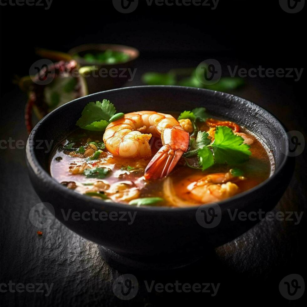 Tom Yam Kung ,Prawn and lemon soup with mushrooms, thai food in bowl. Generative Ai. photo