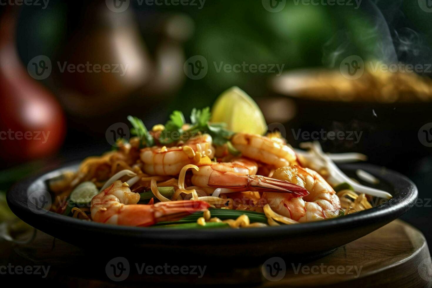 pad thai noodles stir-fry in a bowl on table, thai food. generative ai photo