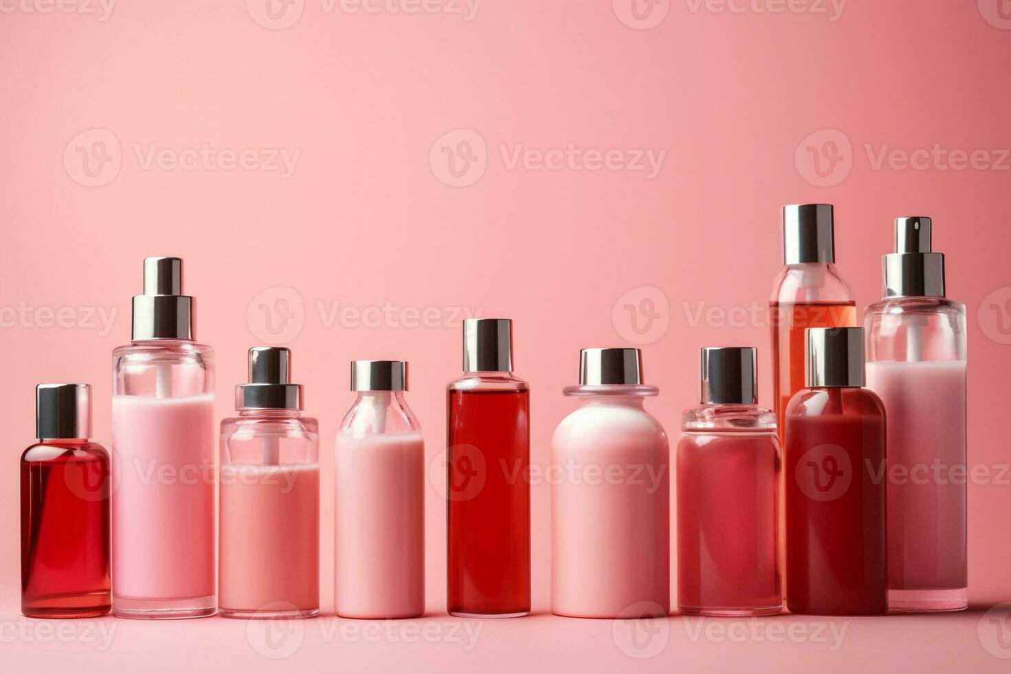 Set of cosmetic bottles on pink background. generative ai. photo