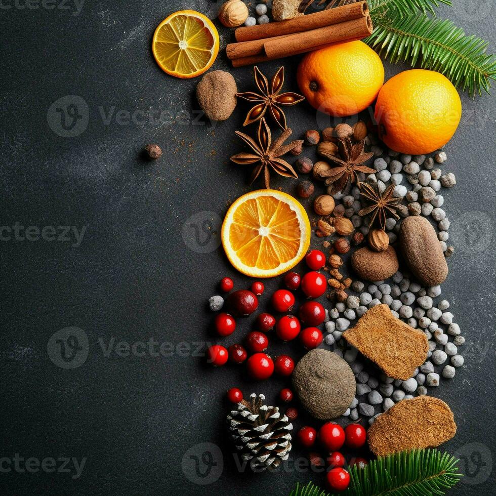 Christmas background with copy space and festive decorations on dark grunge background. Generative Ai. photo