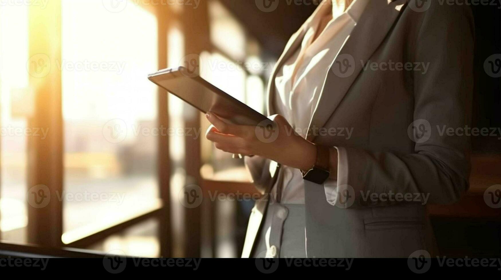 businesswoman  while using digital tablet at business building. generative ai. photo