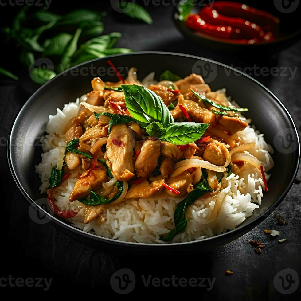 Close up Stir-Fried sliced chicken breast with Basil on black plate. Generative Ai. photo