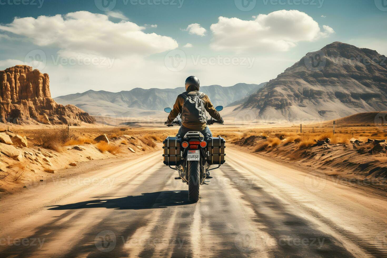 Biker riding motorcycle on the road. Copy space. Illustration, Ai generative photo