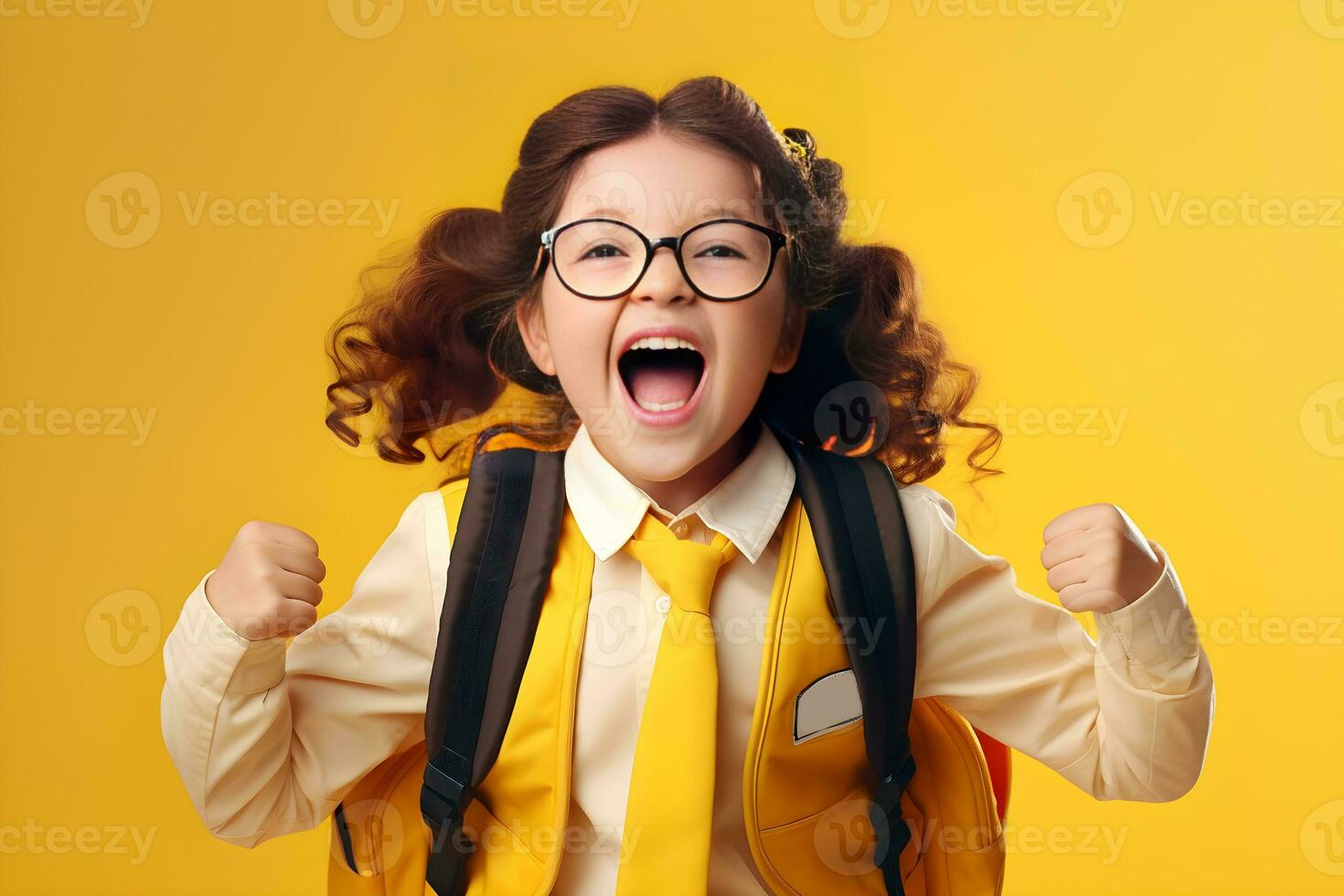 Portrait of cute little girl in school uniform surprised or excited while standing against yellow background. Copy space, illustration. Generative Ai photo