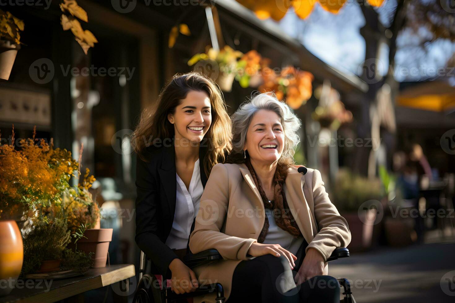 Young woman wearing winter clothing  pushed the wheelchair for her old grandmother in the city. Smiling caregiver and senior lady walking in park during autumn and looking at each other. Ai generative photo