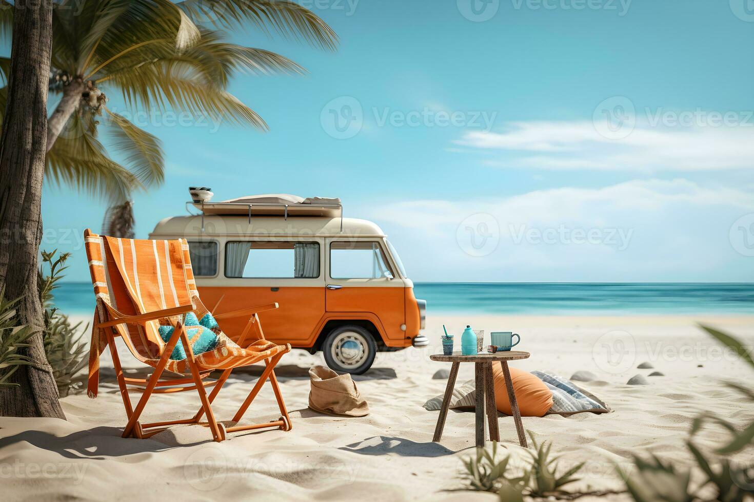 Ready for summer travel. Illustration orange van with coconut palm tree, beach chair and beach accessories. Summer and holiday concept. Generative Ai photo